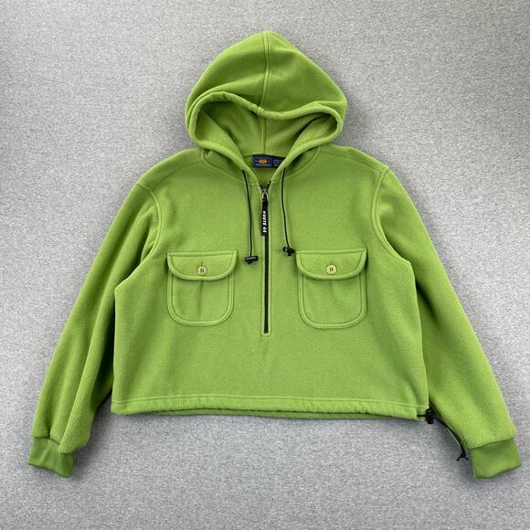 Y2K Route 66 Fleece Sweatshirt Womens L Lime Green Cropped Hoodie 1/2 Zip Retro - Picture 5 of 16